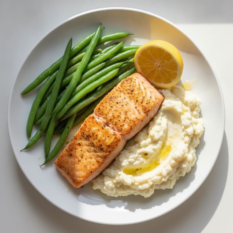 Seared Salmon with Steamed Green Beans and Garlic Mashed Cauliflower