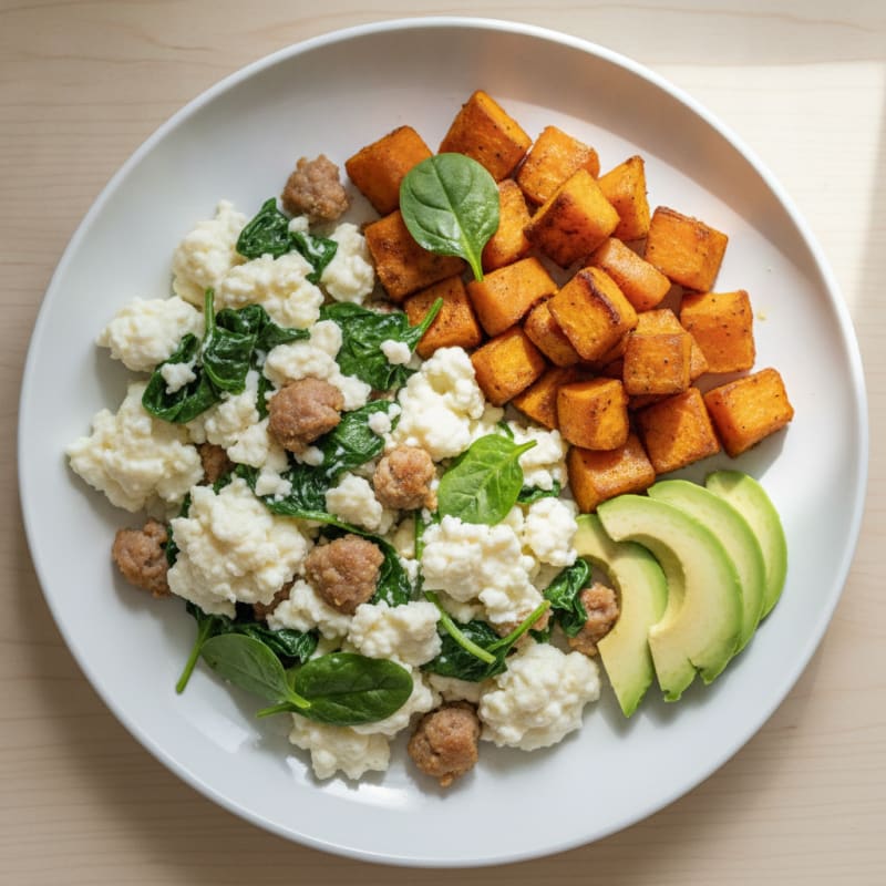 Egg White and Turkey Sausage Scramble with Spinach and Roasted Sweet Potato