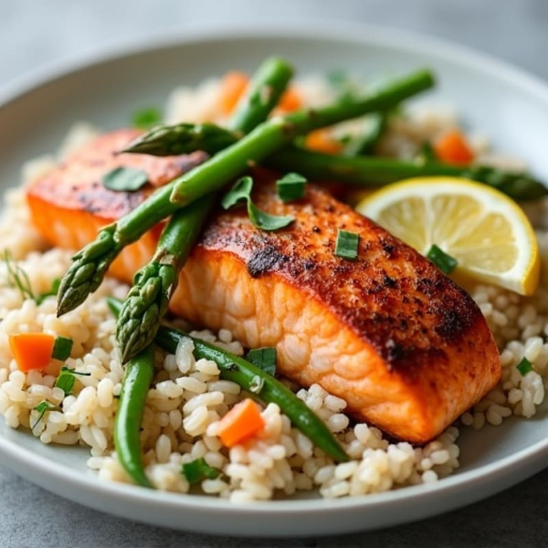 Seared Salmon with Garlic Rice and Roasted Vegetables