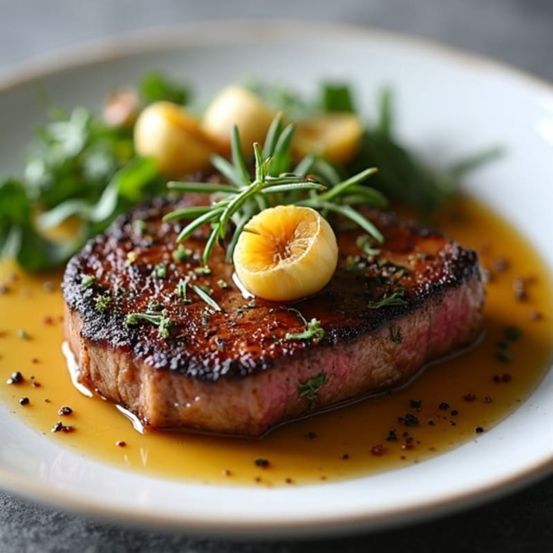 Herb-Crusted Pan Seared Steak with Roasted Garlic