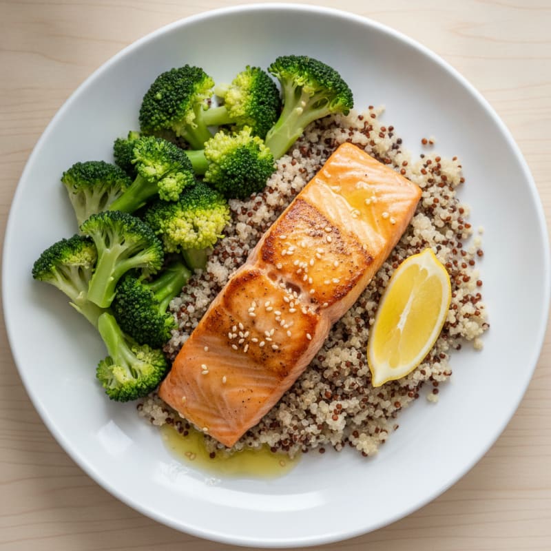 Seared Salmon Fillet with Steamed Broccoli and Quinoa