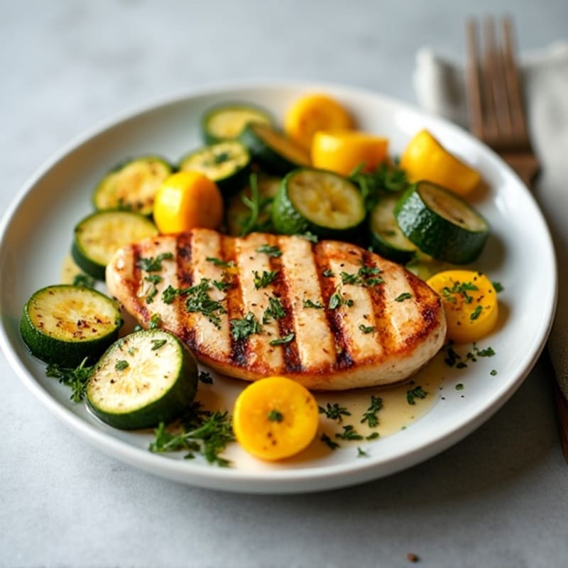Garlic-Herb Roasted Zucchini and Yellow Squash Medley with Grilled Chicken