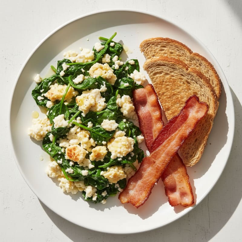 Cottage Cheese Scramble with Sautéed Spinach and Turkey Bacon