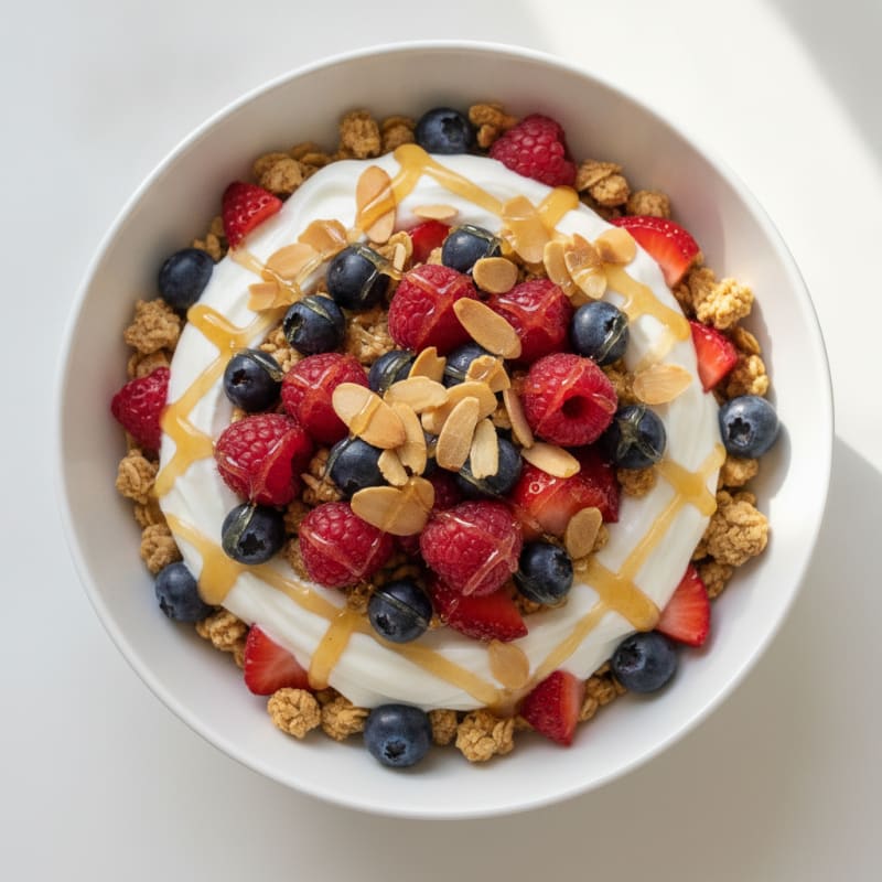 Greek Yogurt Parfait with Crunchy Almond Granola and Berries