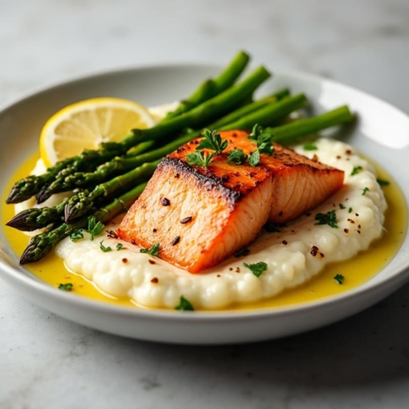 Seared Salmon with Roasted Asparagus and Cauliflower Mash