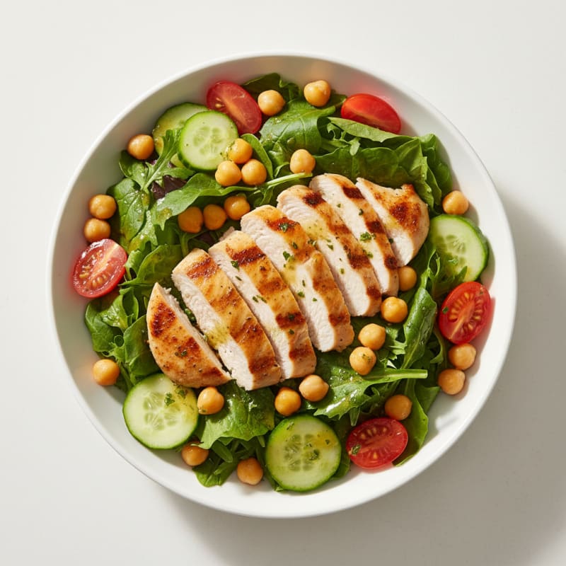 Grilled Chicken Breast Salad with Mixed Greens and Chickpeas