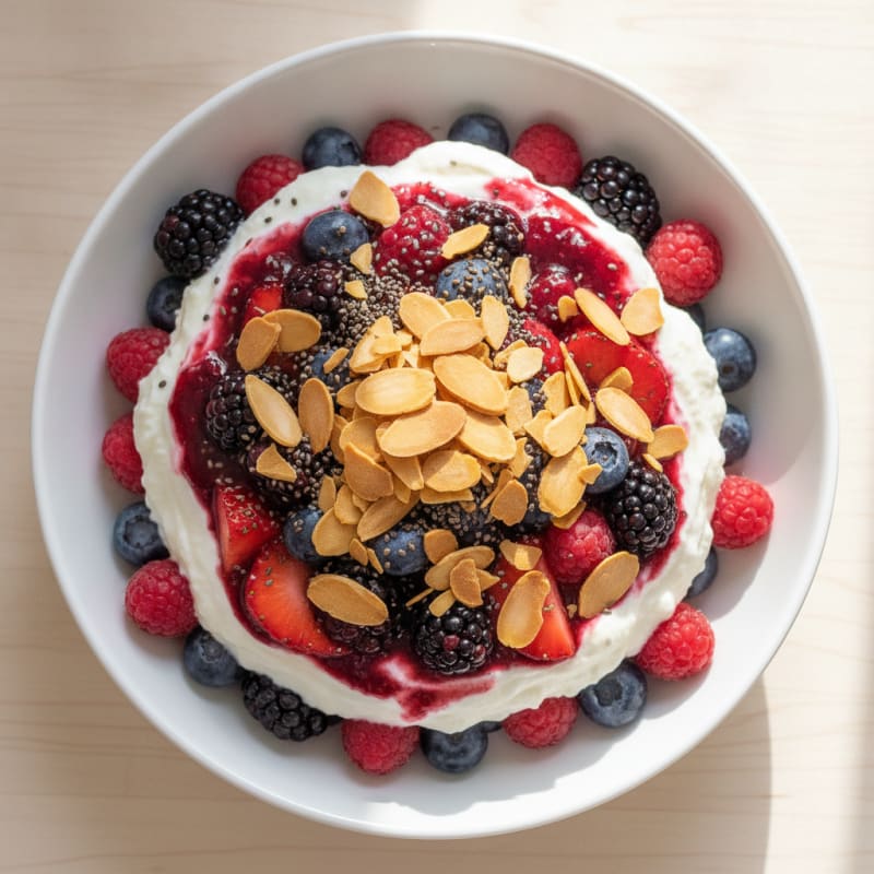 High-Protein Greek Yogurt Parfait with Mixed Berries and Almonds
