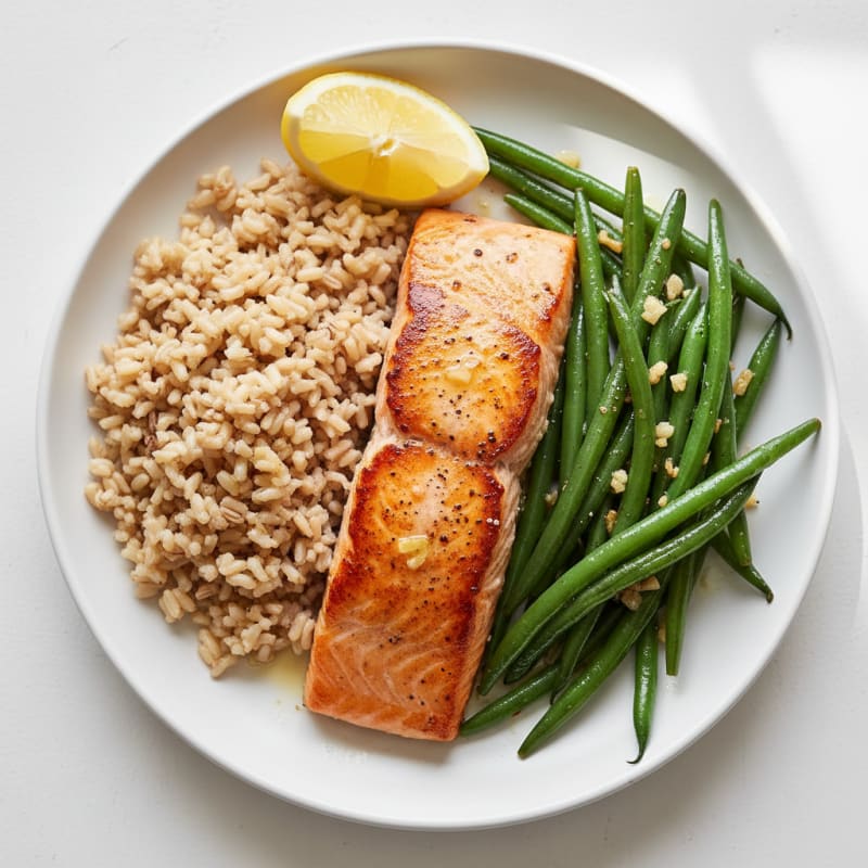 Seared Salmon with Garlic Green Beans and Brown Rice