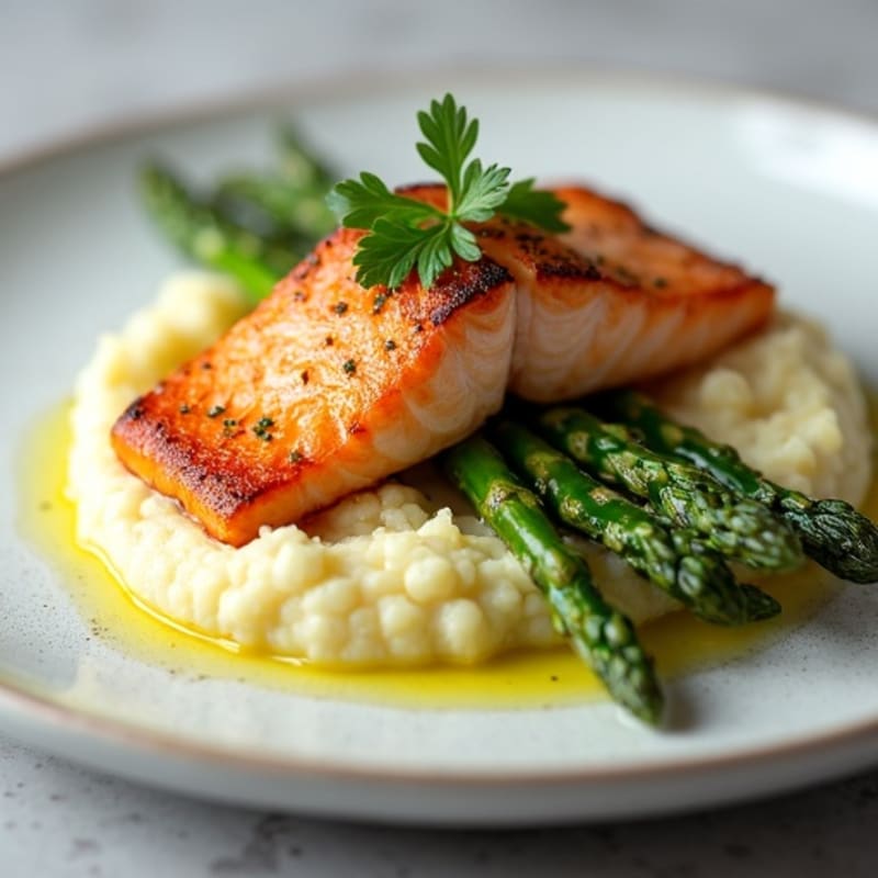 Seared Salmon with Steamed Asparagus and Cauliflower Mash