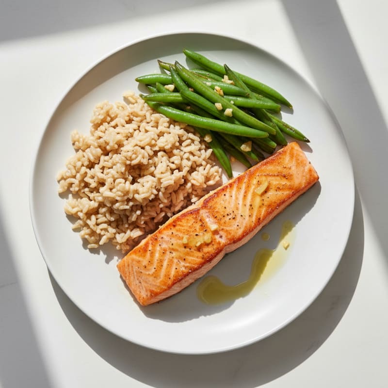 Seared Salmon Fillet with Garlic Green Beans and Brown Rice