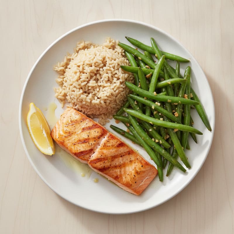 Seared Salmon with Garlic Green Beans and Brown Rice