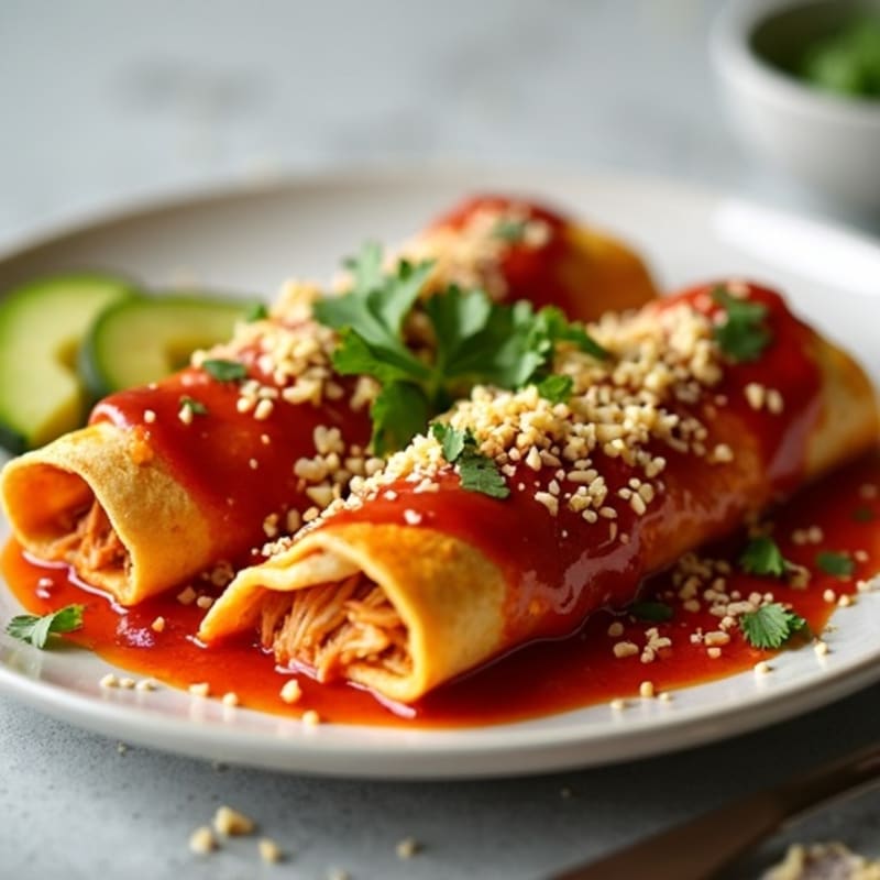 Lean Shredded Chicken Enchiladas with Zesty Red Sauce