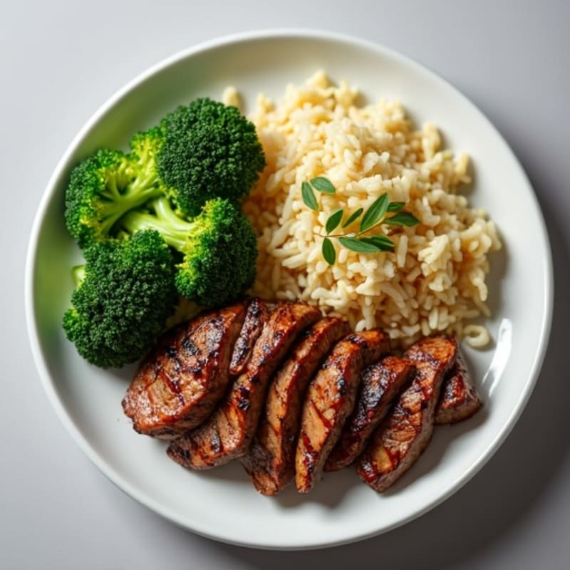 Grilled Steak Strips with Steamed Broccoli and Basmati Rice