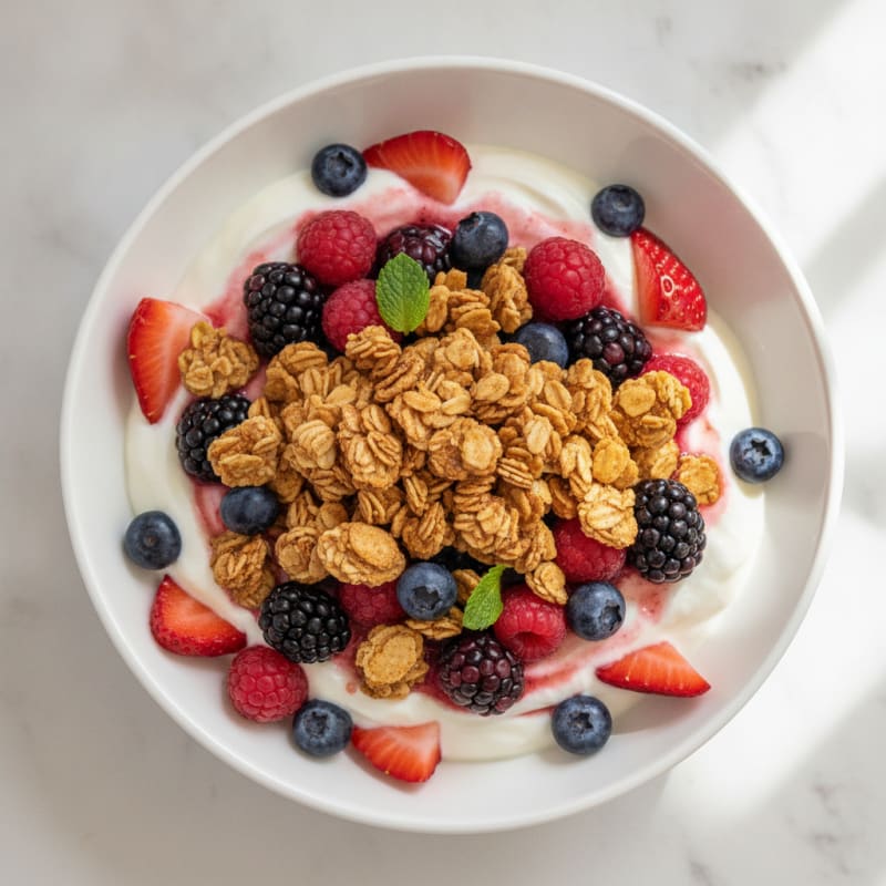 Greek Yogurt Parfait with Crunchy Almond Granola and Mixed Berries
