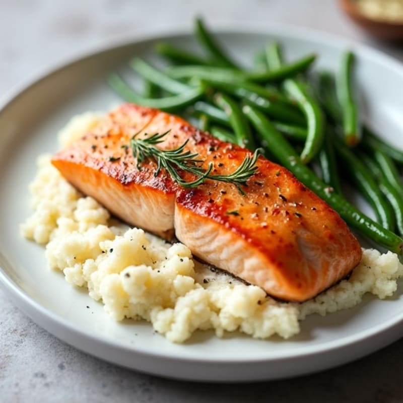 Seared Salmon with Garlic Green Beans and Cauliflower Mash
