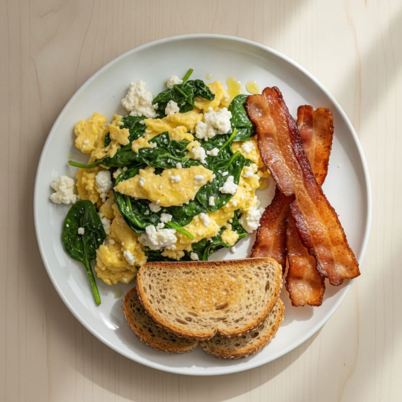 Cottage Cheese Egg Scramble with Spinach and Turkey Bacon