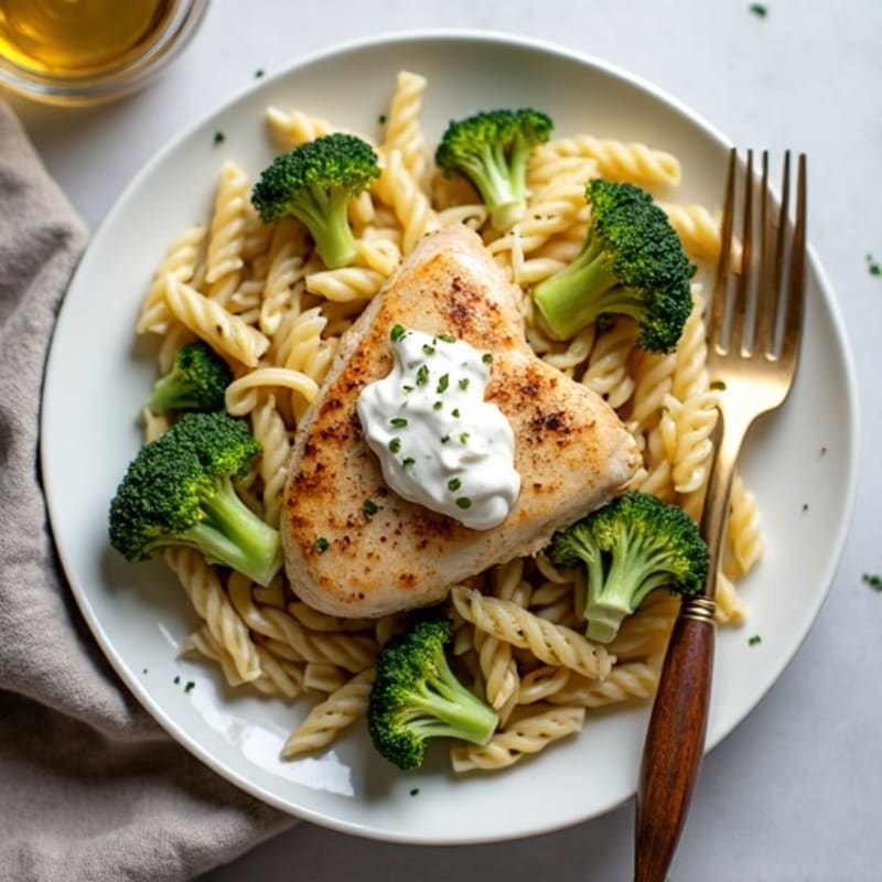 Creamy Garlic Chicken and Roasted Broccoli Pasta