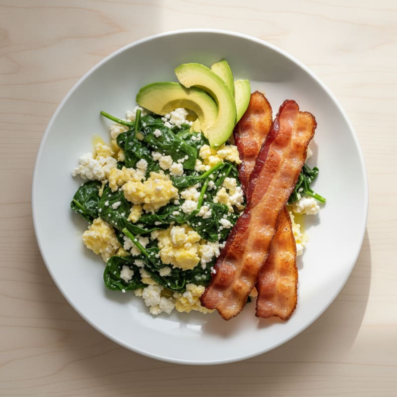 Cottage Cheese Scramble with Spinach and Turkey Bacon