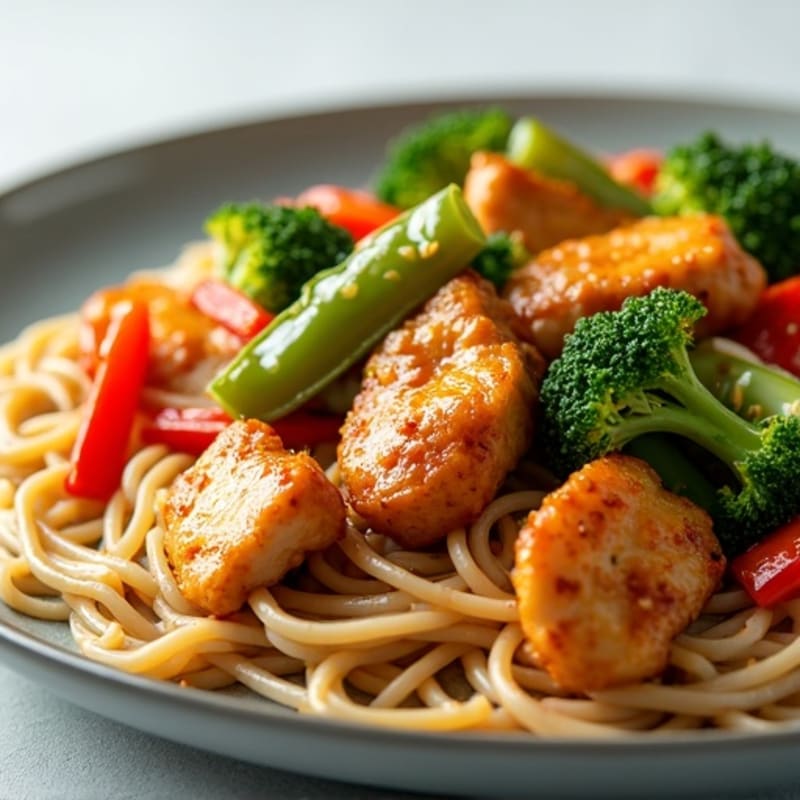 Crispy Chicken and Vegetable Stir-Fry with Brown Rice Noodles