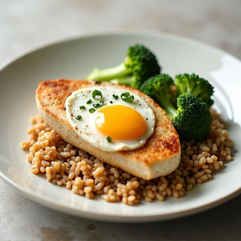 Seared Turkey Breast with Steamed Broccoli, Brown Rice & Egg White Garnish