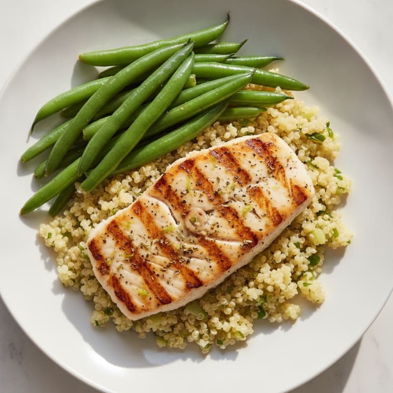 Grilled Mahi-Mahi with Garlic-Lime Quinoa and Steamed Green Beans