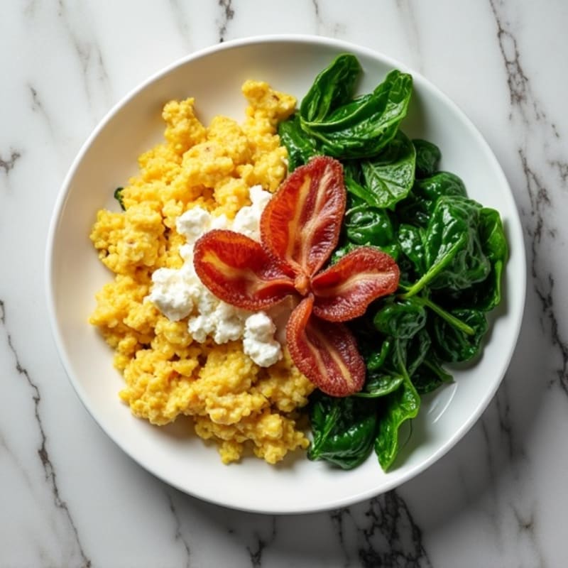 Cottage Cheese Egg Scramble with Sautéed Spinach and Turkey Bacon