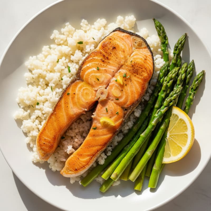 Seared Salmon with Steamed Asparagus and Cauliflower Rice