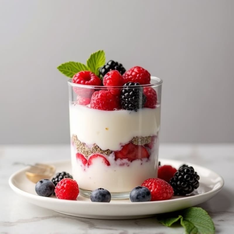 Vanilla Greek Yogurt Parfait with Protein Powder and Mixed Berries