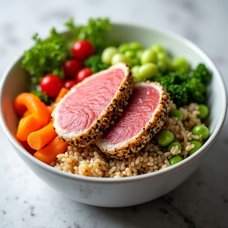 Sesame-Crusted Tuna Rice Bowl with Fresh Vegetables