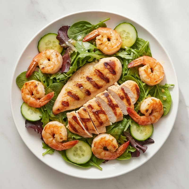 Grilled Shrimp and Chicken Breast Salad with Leafy Greens