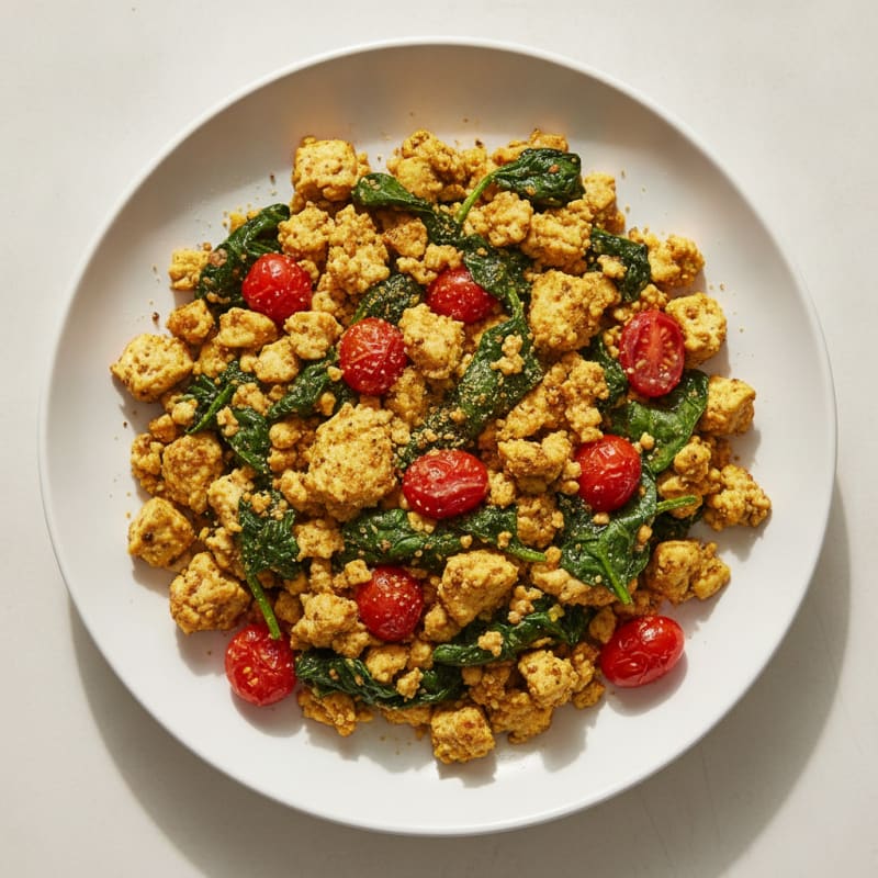 Creamy Tofu and Spinach Scramble with Cherry Tomatoes
