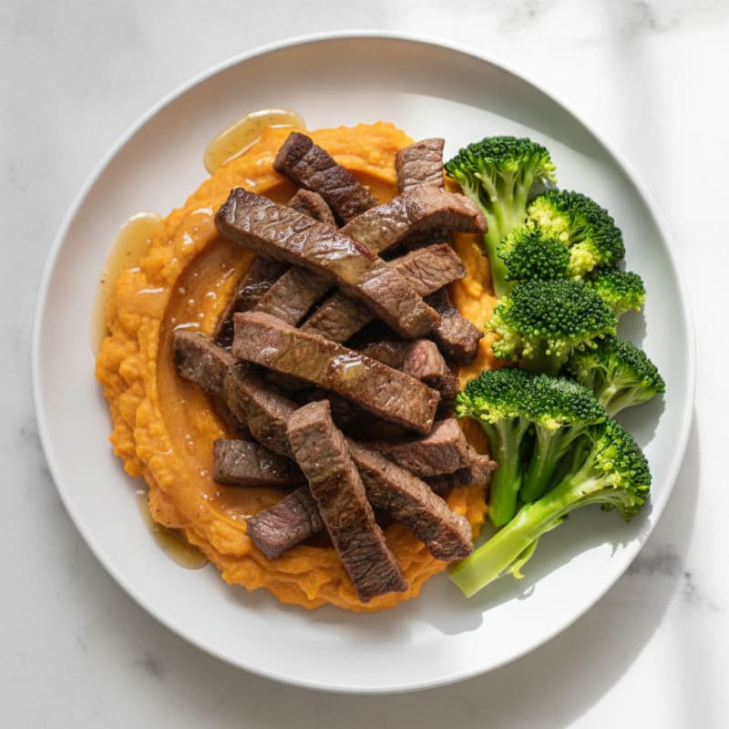 Seared Beef Strips with Garlic Sweet Potato Mash and Steamed Broccoli