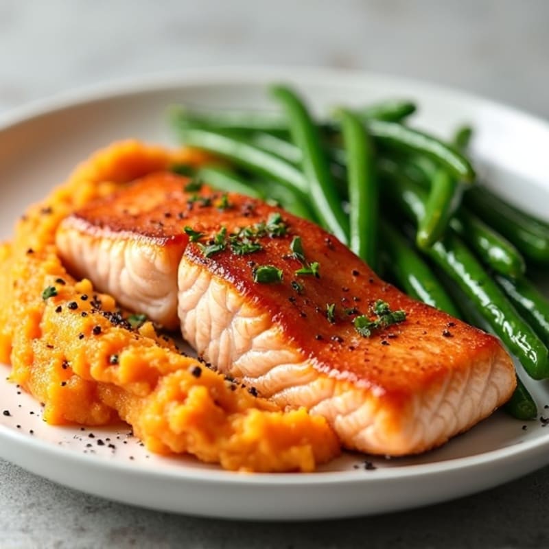 Seared Salmon Fillet with Steamed Green Beans and Sweet Potato Mash