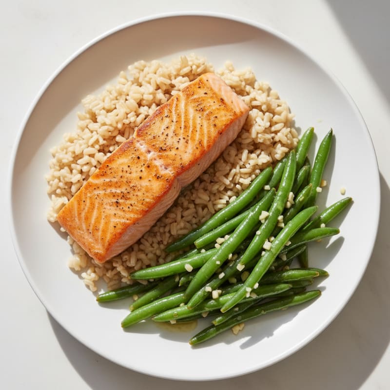 Seared Salmon Fillet with Garlic Green Beans and Brown Rice