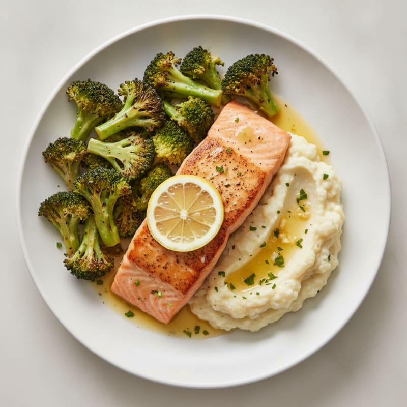 Seared Salmon with Roasted Broccoli and Garlic Mashed Cauliflower