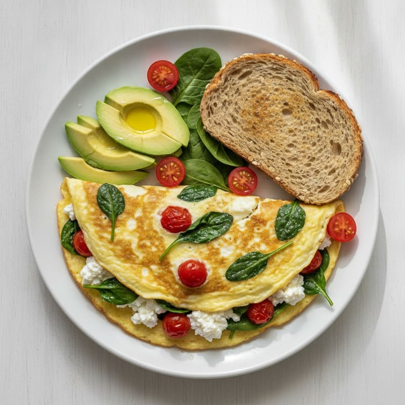 Egg White Spinach Omelet with Cottage Cheese and Cherry Tomatoes