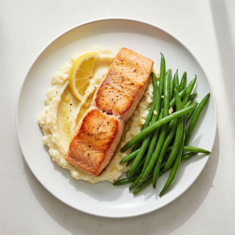 Seared Salmon Fillet with Steamed Green Beans and Garlic Mashed Cauliflower