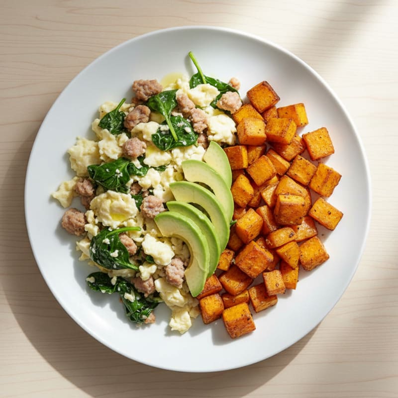 Egg White and Turkey Sausage Scramble with Roasted Sweet Potato