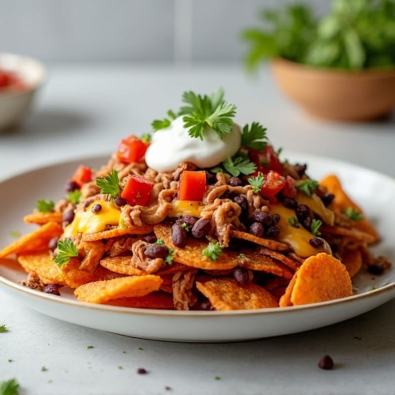 Crispy Sweet Potato Pulled Pork Nacho Bake