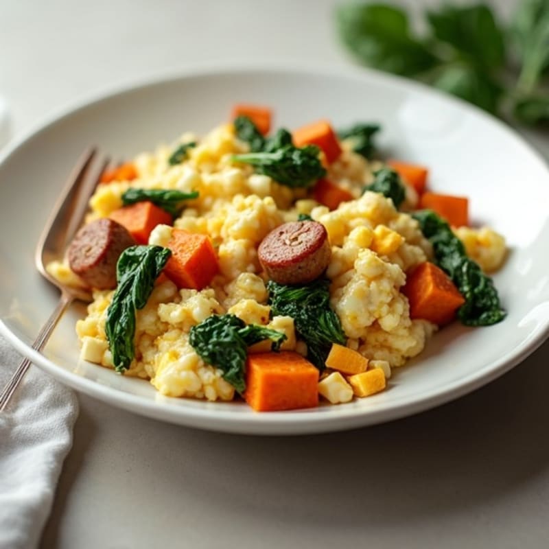 Egg White and Turkey Sausage Scramble with Spinach and Sweet Potato