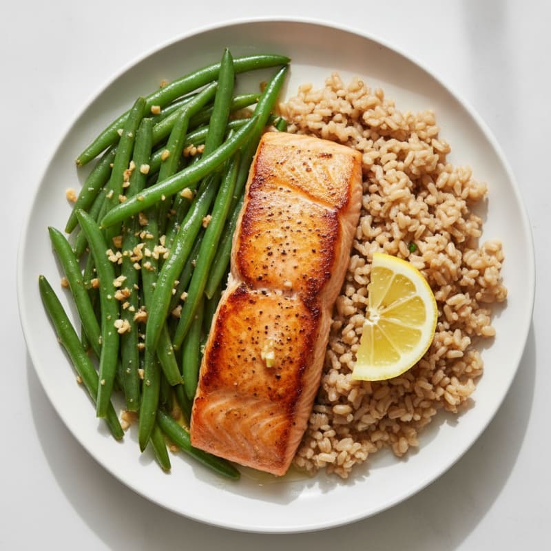 Seared Salmon with Garlic Green Beans and Brown Rice
