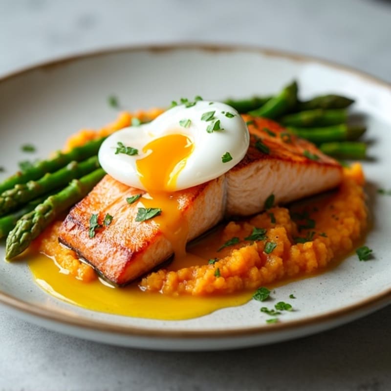 Herb-Baked Salmon with Steamed Asparagus and Sweet Potato Mash
