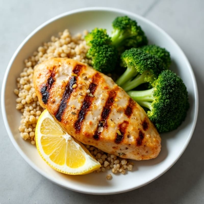 Grilled Lemon Chicken Breast with Quinoa and Steamed Broccoli
