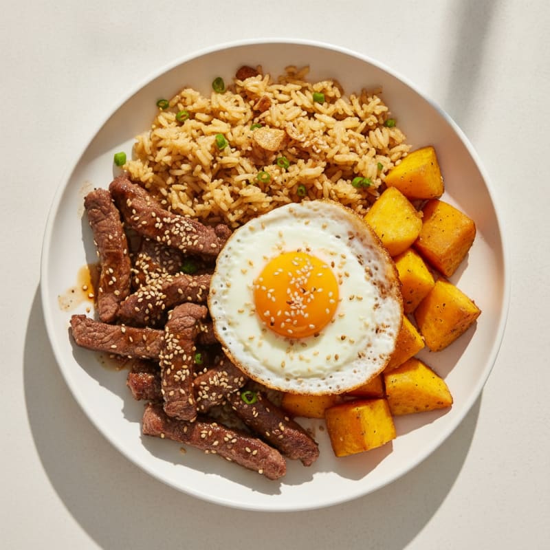 Seared Beef Strips with Garlic Rice and Steamed Sweet Potatoes