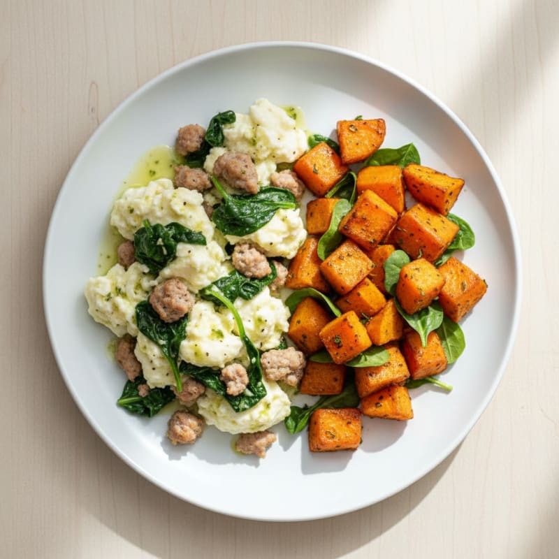 Egg White and Turkey Sausage Scramble with Spinach and Roasted Sweet Potatoes