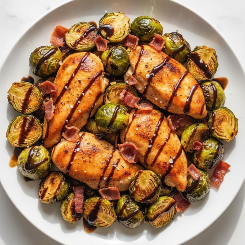 Balsamic-Glazed Brussels Sprouts with Crispy Prosciutto and Roast Chicken