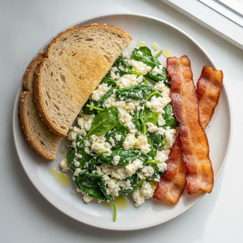 Egg White and Cottage Cheese Scramble with Spinach and Turkey Bacon