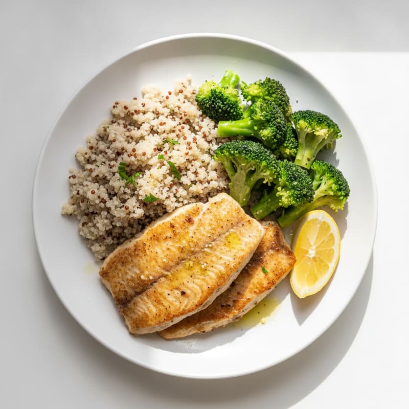 Seared Tilapia with Steamed Broccoli and Quinoa