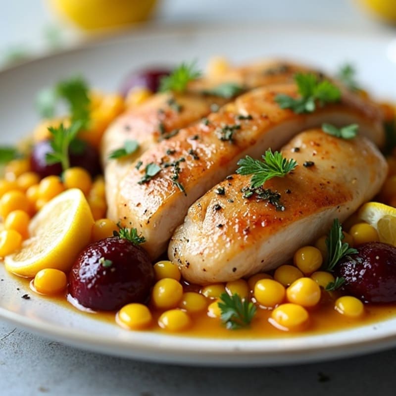 Lemon-Herb Chicken with Roasted Beets, Sweet Corn, and Crunchy Water Chestnuts
