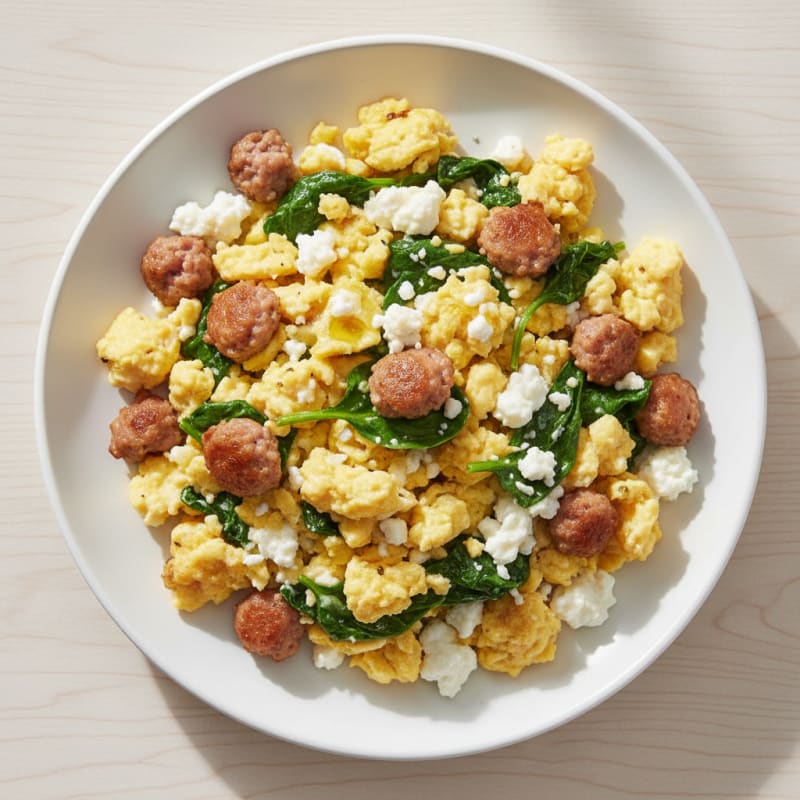 Cottage Cheese Scramble with Turkey Sausage and Spinach